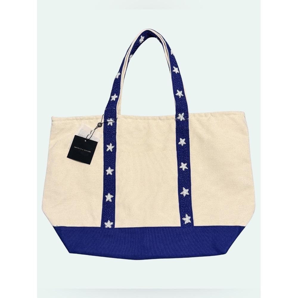 America & Beyond Beaded Canvas Tote Star Handles Fourth of July Beach Blue NWT - Picture 3 of 10